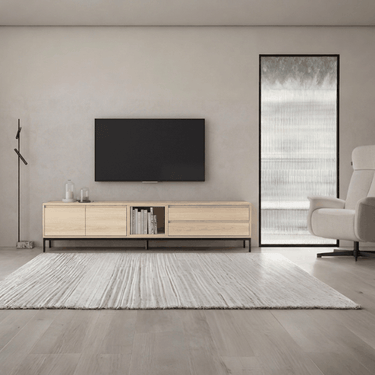 Mueble TV salón TIVOLI 220 cm minimalista con cubo integrado y almacenamiento funcional