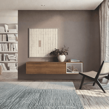 Mueble TV colgado minimalista TIVOLI modelo 1 con puerta abatible y cubo integrado en salón moderno