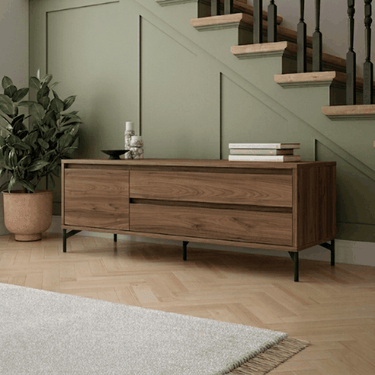Mueble TV salón comedor moderno con 1 puerta y 2 cajones en colores personalizables y diseño sostenible.