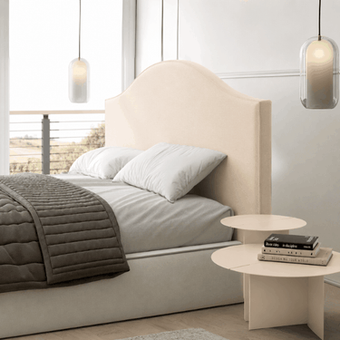 Cabecero tapizado matrimonio modelo ROCCO en lino con ribete decorativo y espuma alta densidad, disponible en colores cálidos.