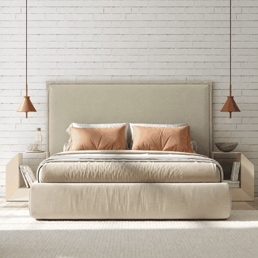 Cabecero tapizado modelo GIO en tela lino 100% para cama de matrimonio con detalle de solapa y alta densidad, disponible en varios colores y medidas, fabricado en España.