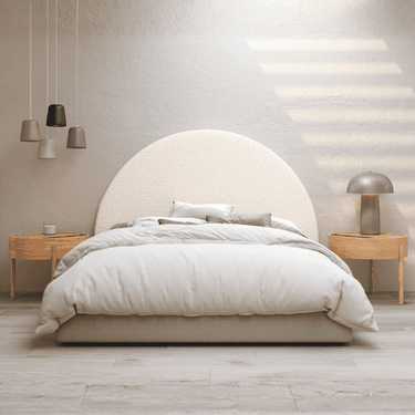 Cabecero tapizado Matteo color perla con diseño ovalado y espuma de alta densidad para dormitorio de matrimonio