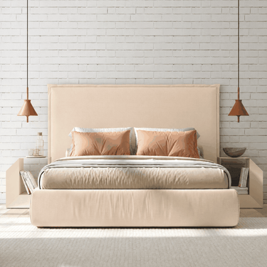 Cabecero tapizado modelo GIO en lino para cama de matrimonio con detalle de solapa y colores personalizables