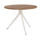 mesa de comedor redonda fija orta con patas metálicas y sobre biselado