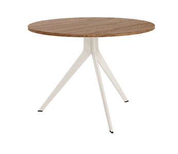 mesa de comedor redonda fija orta con patas metálicas y sobre biselado