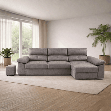 Chaisselonge extensible ARPUC tapizada en MAGNOL con arcón abatible y taburetes integrados, diseño moderno y funcionalidad premium.
