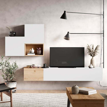 Composición de salón comedor minimalista FLORENCIA con acabado en artisan, ébano y blanco, diseño moderno y elegante.