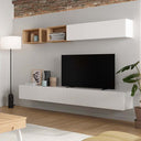 Composición de salón comedor FLORENCIA ambiente 7 minimalista y elegante con módulos flotantes de almacenamiento