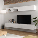 Composición de salón comedor FLORENCIA con diseño minimalista y módulos flotantes en colores Artisan, Ébano y Blanco.