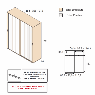 Armario corredero L'AQUILA de 2 puertas con estilo nórdico y 211 cm de altura
