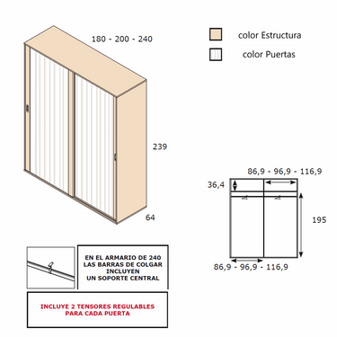 Armario corredero L'AQUILA dos puertas altura 240 cm estilo nórdico funcional