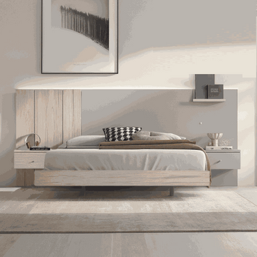 Composición muebles dormitorio Siena con cabecero, mesitas y luces LED en color Habana