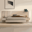 Conjunto de muebles dormitorio Siena con cabecero y mesitas en color Habana, con soporte para móvil y luces LED integradas.