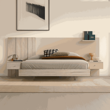 Conjunto de muebles dormitorio Siena con cabecero y mesitas en color Habana, con soporte para móvil y luces LED integradas.