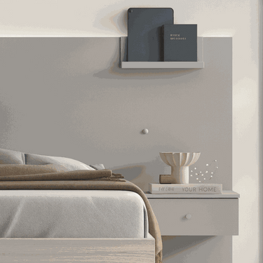 Muebles dormitorio composición matrimonio Siena con cabecero y mesitas HABANA con soporte móvil y luces LED