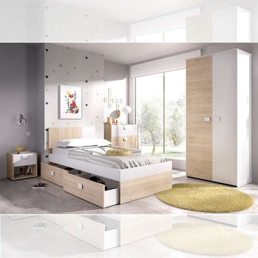 Dormitorio juvenil completo PERUSA con cama nido, mesita, cómoda y armario en tonos blanco y natural moderno y funcional