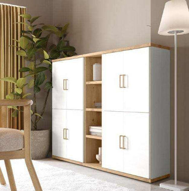 Estantería librería baja modelo Bolonia para salón comedor con módulos abiertos y cerrados