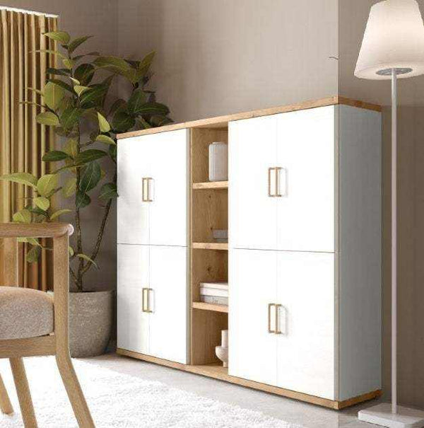 Estantería librería baja modelo Bolonia para salón comedor con módulos abiertos y cerrados