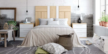 Cabecero cama matrimonio LUCCA 13 diseño moderno y líneas limpias en madera con detalles en varios colores.