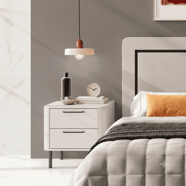 Mesita noche CAPRI blanca con 2 cajones grandes y esquinas redondeadas para dormitorio moderno
