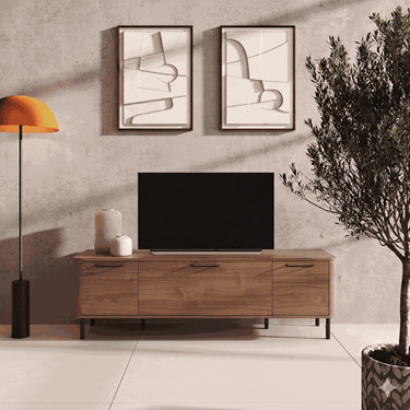 Mueble TV Napoli negro con cantos redondeados y almacenamiento bajo televisión elegante y funcional