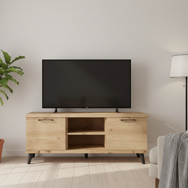 Mueble TV BOLONIA con dos huecos abiertos y dos puertas en diseño elegante y funcional