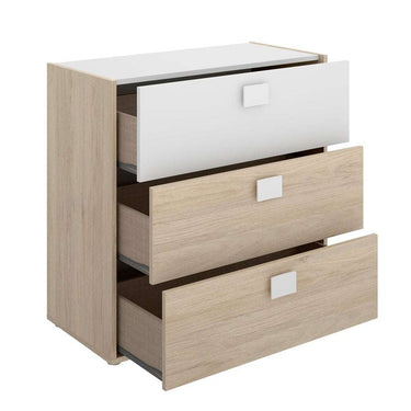 Dormitorio juvenil completo PERUSA con cama nido, mesita, cómoda y armario en tonos blanco y natural.
