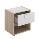 Dormitorio juvenil completo moderno con cama nido, mesita, cómoda y armario en blanco y tonos naturales