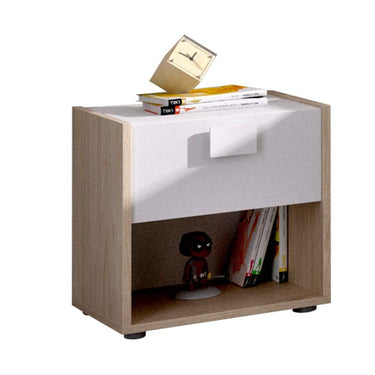 Dormitorio juvenil completo PERUSA con cama nido, mesita, cómoda y armario en tonos blanco y natural