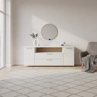 Mueble de salón comedor completo BOLONIA diseño nórdico minimalista con vitrinas, estantería y mueble TV adaptable y personalizable