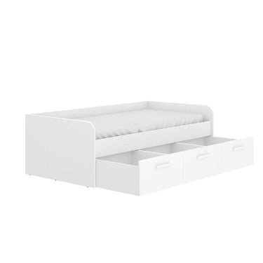 Cama nido juvenil blanca con tres cajones y diseño versátil para espacios reducidos