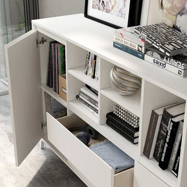 Composición de salón Lecce con mueble TV, aparador y estantes en tonos naturales y melamina resistente