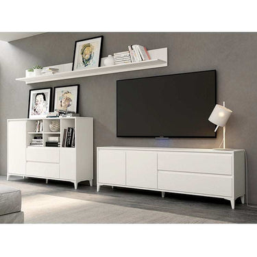 Composición de salón Lecce con mueble de televisión, aparador y estantes en tonos naturales y melamina de alta calidad