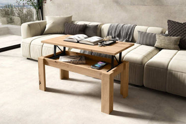 Mesa centro elevable modelo ADRIANA con espacio interior y pata tipo L en varios colores.
