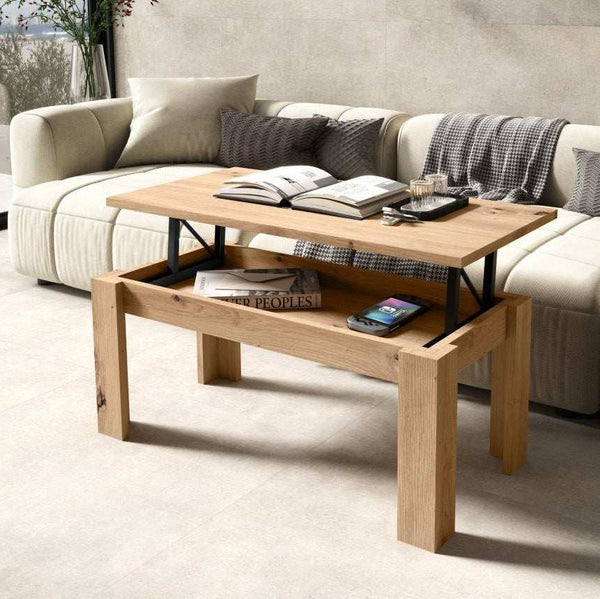 Mesa centro elevable modelo ADRIANA con espacio interior y pata tipo L en varios colores.