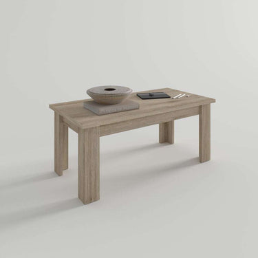 Mesa centro elevable modelo ADRIANA con pata en L y espacio de almacenaje interior.