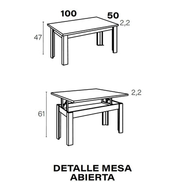 Mesa centro elevable ADRIANA con pata tipo L y espacio de almacenaje interior.