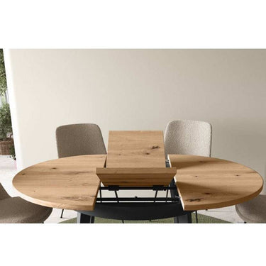Mesa de comedor redonda extensible con patas metálicas en X modelo DONATA de diseño moderno y funcional