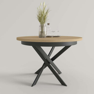 Mesa de comedor redonda extensible DONATA con patas metálicas en X, fabricada en España