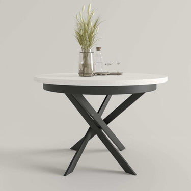 Mesa de comedor redonda extensible DONATA con patas metálicas en X y diseño moderno