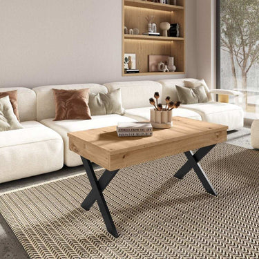 Mesa de centro elevable GALA con patas metálicas en X y altura regulable, diseño moderno y funcional para salón