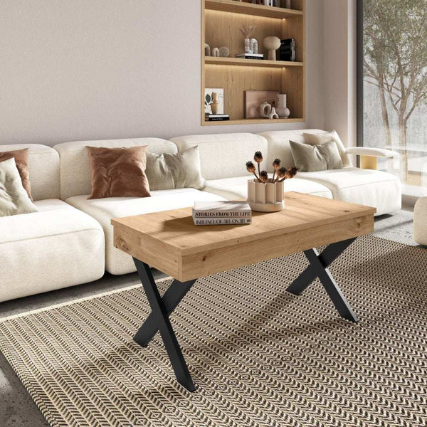 Mesa de centro elevable GALA con patas metálicas en X y altura regulable, diseño moderno y funcional para salón