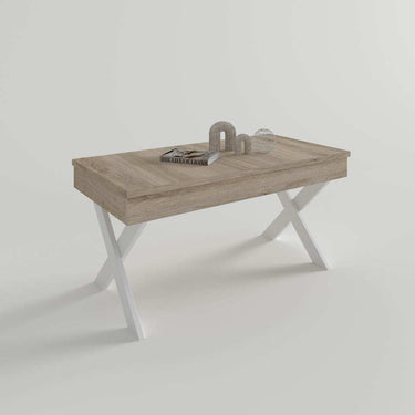 Mesa de centro elevable GALA con patas metálicas en X y altura regulable de 47 a 61 cm.