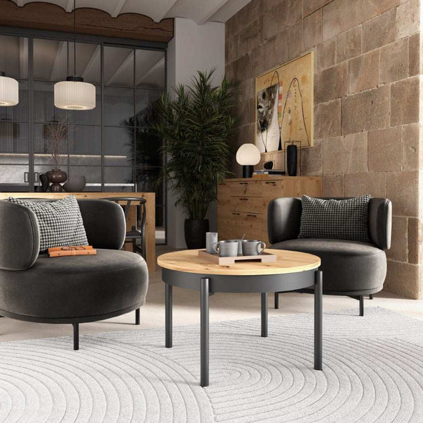 Mesa centro redonda elevable con patas metálicas rectas modelo BELLA en varios colores