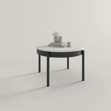 Mesa centro redonda elevable con patas metálicas rectas modelo BELLA, diseño moderno y funcionalidad ajustable.