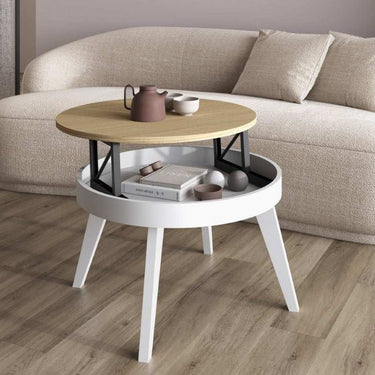 Mesa centro redonda elevable con patas inclinadas modelo CAELI en varios colores y altura regulable, fabricada en España.
