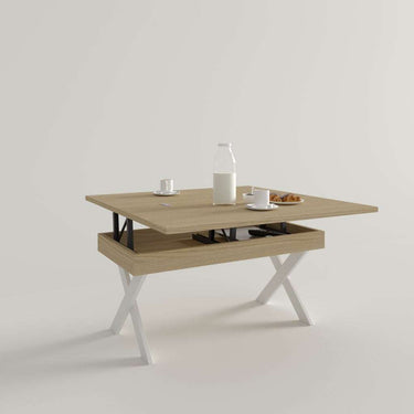 Mesa elevable convertible con patas metálicas en X modelo DONATA, diseño moderno y almacenamiento integrado.