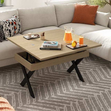 Mesa elevable convertible con patas metálicas en X modelo DONATA, práctica y elegante para salón.
