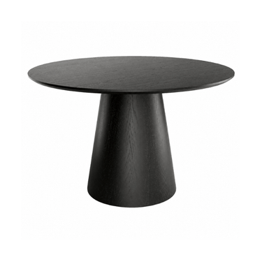 Mesa de comedor redonda BIMAN en madera natural estilo minimalista con pata central ancha de 120 cm diámetro