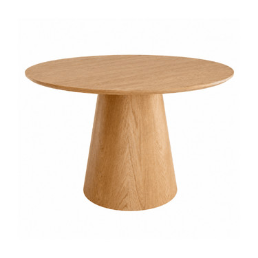 Mesa de comedor redonda BIMAN de madera natural con pata central ancha y 120 cm de diámetro